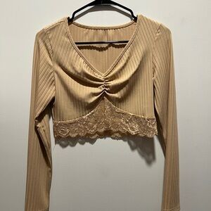 Elegant Tan Lace Trimmed Women's Top
